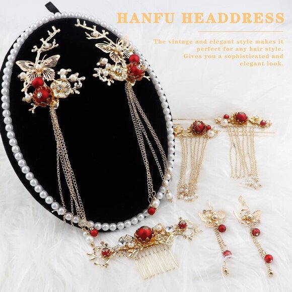 Butterfly Tassel Hair Clips Set Vintage Pearl Rhinestone Elegant Traditional main image 6